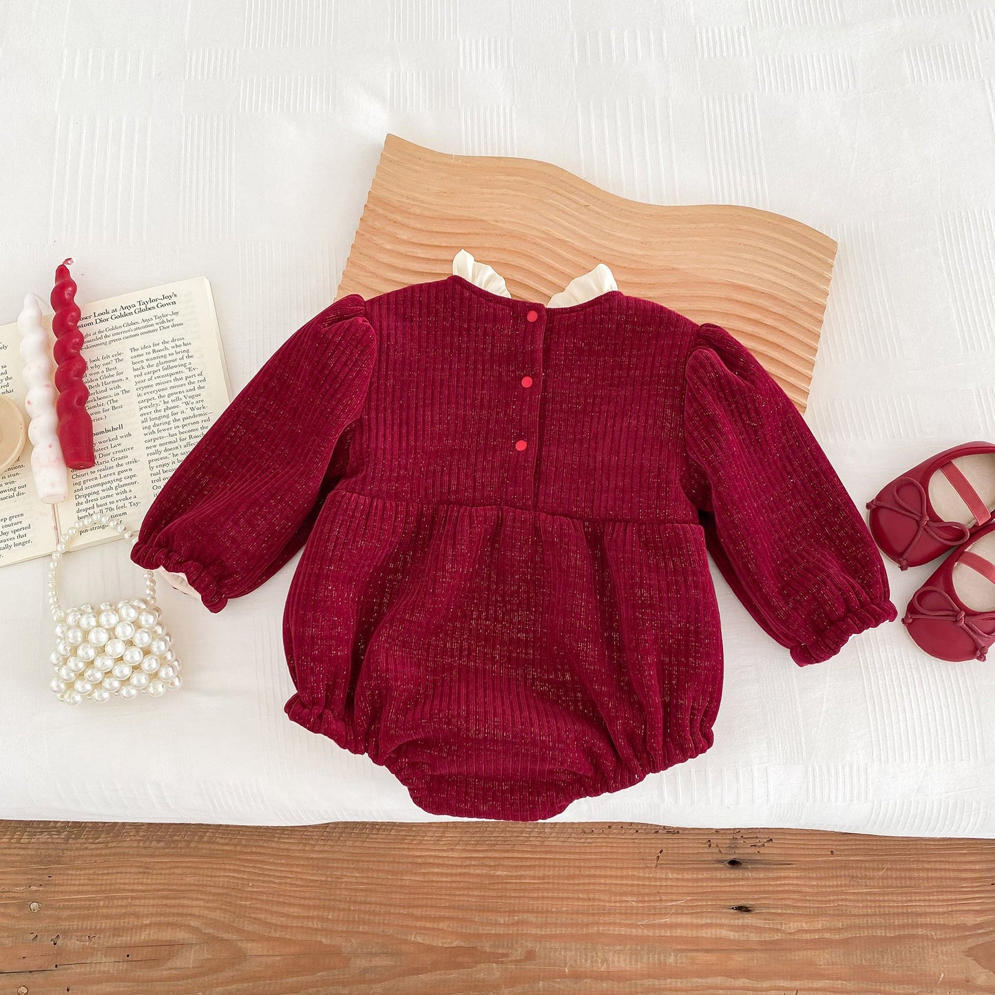 Autumn and Winter New Arrival Baby Girls Long Sleeves Ruffle Neck Cozy Fleece Onesies Bodysuits-2