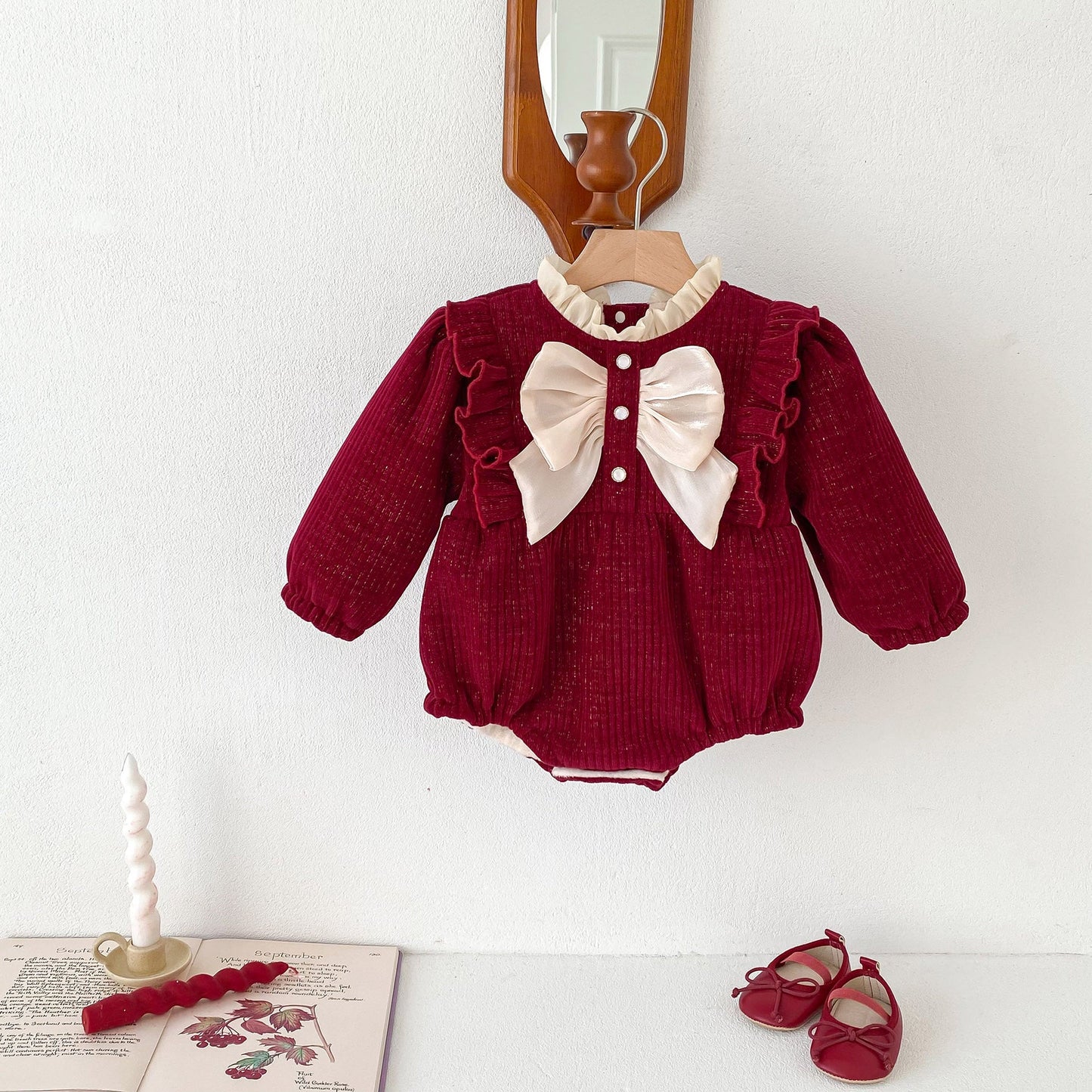 Autumn and Winter New Arrival Baby Girls Long Sleeves Ruffle Neck Cozy Fleece Onesies Bodysuits-0
