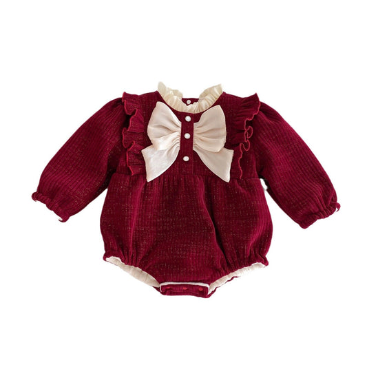 Autumn and Winter New Arrival Baby Girls Long Sleeves Ruffle Neck Cozy Fleece Onesies Bodysuits-1