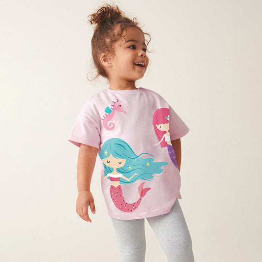 Summer Baby Kids Cartoon Mermaid Pattern T-shirt and Grey Pants Clothing Set for Girls-0