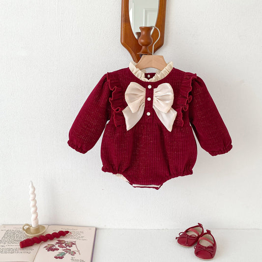 Autumn and Winter New Arrival Baby Girls Long Sleeves Ruffle Neck Cozy Fleece Onesies Bodysuits-0